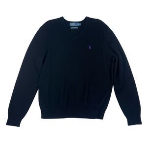 Polo Ralph Lauren Men Lambswool Sweater Large Black Purple Logo Preppy Old Money